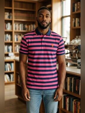 Polo by Ralph Lauren Men's Striped Pink & Navy Polo Shirt XL